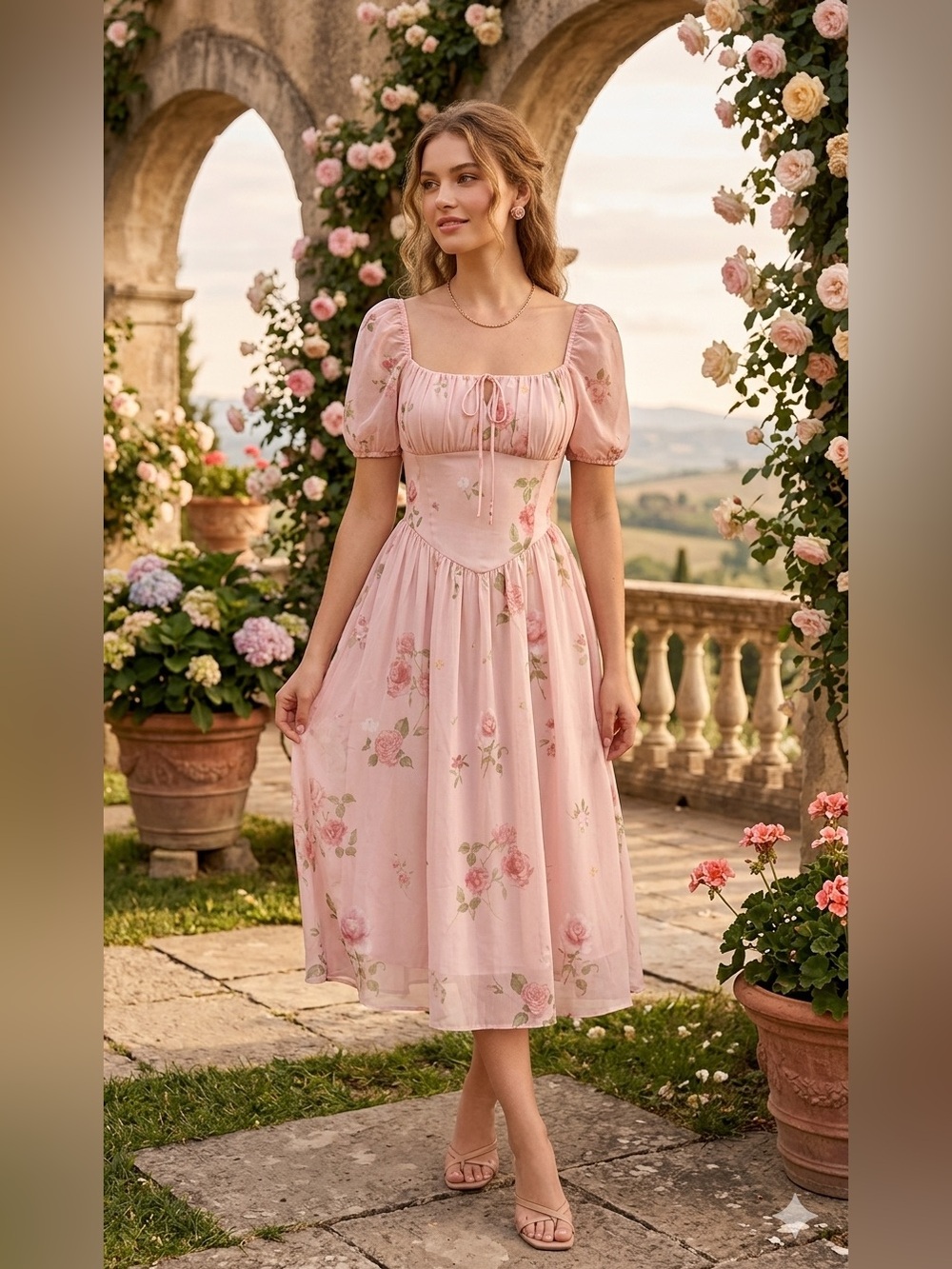 SHEIN Pink Floral Puff-Sleeve Midi Dress/E082